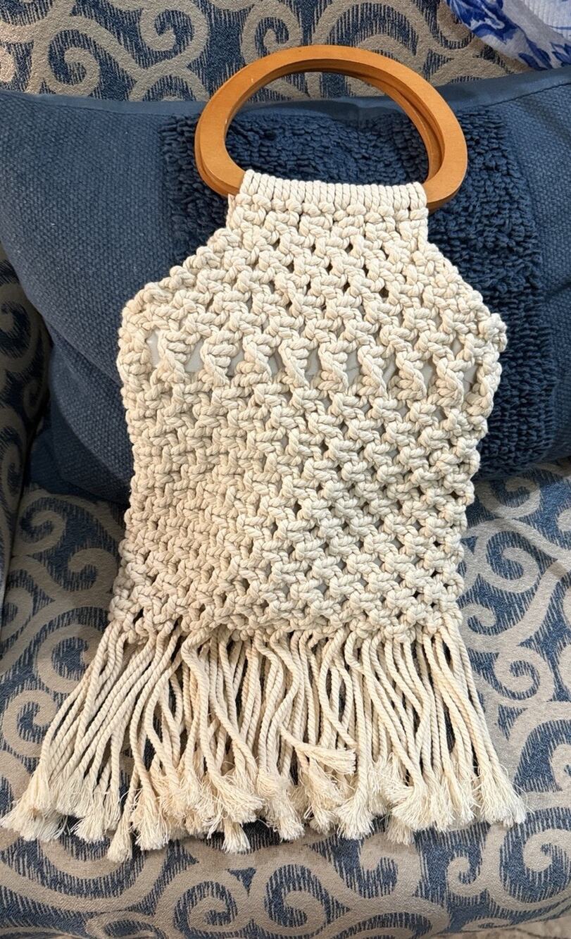 Macrame Fringe Tote Bag Cream Womens Medium Boho Wood Handle